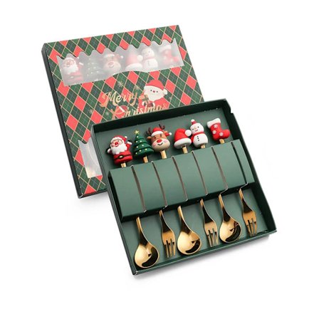 Leeseph Christmas Coffee Spoons Forks Set (4/6Pcs), Stainless Steel Spoon Forks Christmas Gifts for Kids(Red/Green Gift Box Set)