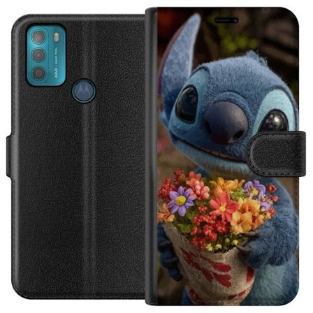 Kompatibel Tegnebogsetui til Motorola Motorola Moto G50 Sød blå figur med store øjne, der holder en farverig buket i en varm og kær stil