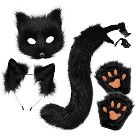 Falsk pels rævehale plushet maske hale og ører sæt, kattehale ræve kostume cosplay kostume med katteører og pote handsker halloween cosplay black and 