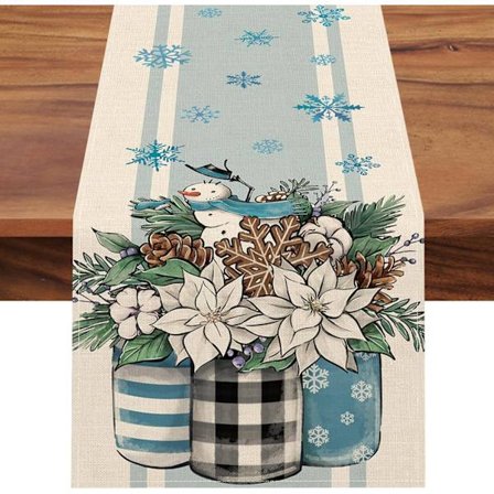 Vinter Julestjerne Bordløber, Mason Jar Snemand Fyrrekogle Snefnug Blå Stribe Køkken Spisebord Dekoration 33x229 cm