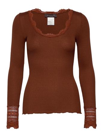 Silk T-Shirt W/ Lace T-shirts & Tops Long-sleeved Brun Rosemunde