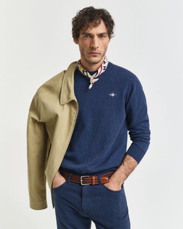 GANT Herren Klassischer Rundhalspullover aus Baumwolle (XS) Denim Melange