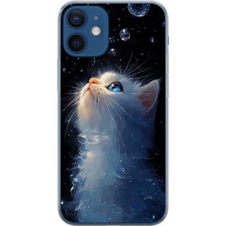Kompatibelt Mobildeksel til Apple Apple iPhone 12 Stjernekatte Drøm motiv med hvit katt som ser mot stjernehimmelen, magiskt drømmeaktig og nattlig