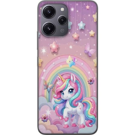Kompatibel Mobilcover til Xiaomi Redmi 12 Magisk enhjørning med regnbue manke, stjerner og sommerfugle mod en pastelfarvet himmel med skyer