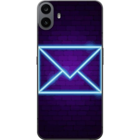 Yhteensopiva Puhelinkuori Nothing Nothing CMF Phone 1 Neonilta illuustraatio kirjekuoresta sinisessä valossa lila tiiliseinää vasten, nykyaikainen