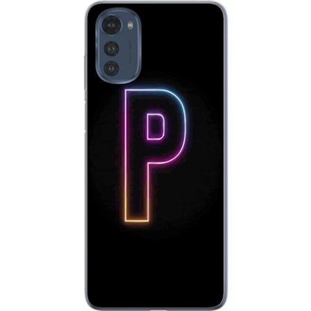 Kompatibel Mobilcover til Motorola Motorola Moto E32s Minimalistisk neonbogstav P i farvegradient og lyseffekt mod sort baggrund i digital neonstil