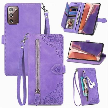 Lædermobiltelefonetui med præget blomst og lynlås til Samsung Galaxy Note20 Purple