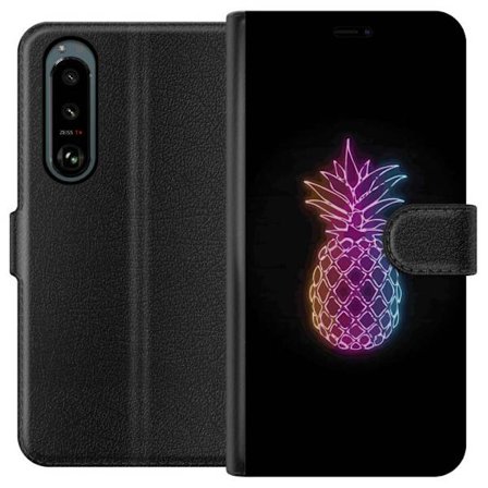 Kompatibel Tegnebogsetui til Sony Sony Xperia 5 III Neon illustration af ananas i farverigt lys mod sort baggrund