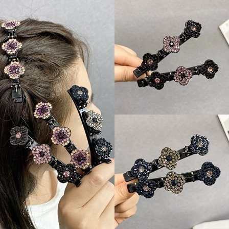 4PCS Satin Fabric Hair Bands, Four-Leaf , Braided Hair Clip with Rhinestones