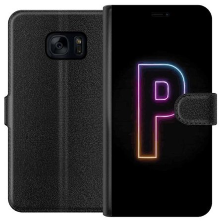 Kompatibel Tegnebogsetui til Samsung Samsung Galaxy S7 Minimalistisk neonbogstav P i farvegradient og lyseffekt mod sort baggrund i digital neonstil