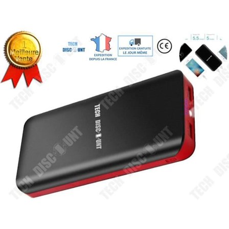 Extern batteri - TECH DISCOUNT - 20000mAh - Snabbladdning - 2 USB-portar - Röd