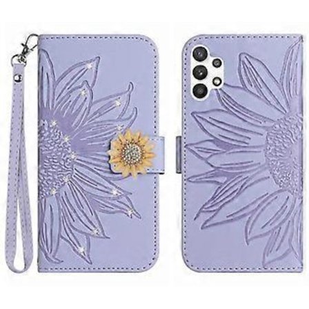 Kompatibel med Samsung Galaxy A32 5G Präglad Solros med Diamanter Magnetisk Korthållare Plånboksfodral med Kort Rem - Ljuslila