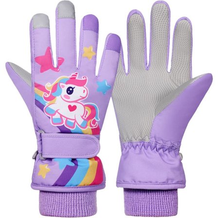 Søde enhjørning børne vandtætte vinter skihandsker, med fleeceforing, varme og sne-sikre handsker, egnet til drenge og piger i alderen 3-9, lilla.