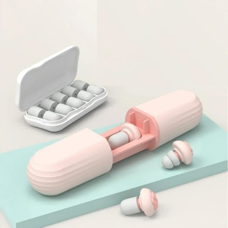 Ett set öronproppar, ljudisolerande, sovplats, lågt brus