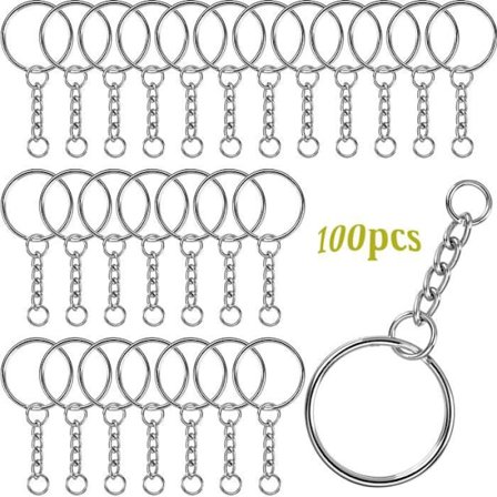100 Avaimenperää Ketjulla, 25mm Avaimenperiä Ketjulla ja Avorenkaalla - Hopea