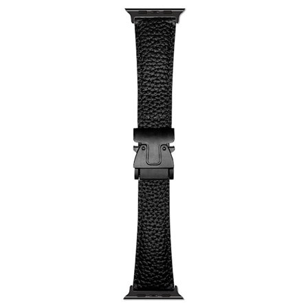 Äkta ko läderarmband Apple Watch Series 10 42mm Litchi Texture Magnetic Buckle klockarmband - Svart