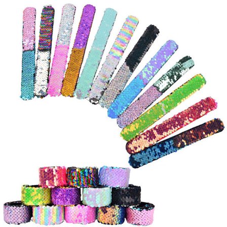 12 st (slumpmässiga färger) Sequin Mermaid Armband 2-färgade vändbara paljetter Sequin Slap Armband Bangles för barn Mermaid Födelsedagsfest Godispåse