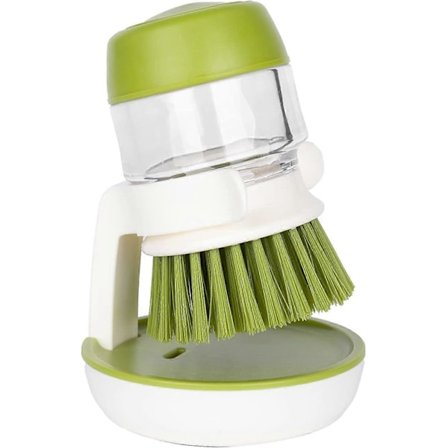 Såpedispenserende palmebørste med dryppbrett, vaskebørste for oppvask, gryter, panner og rengjøring av vask