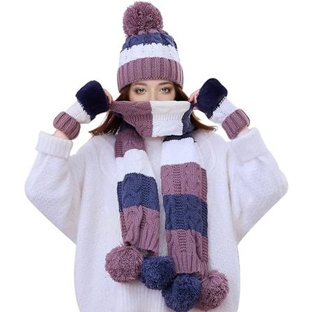 Dame- og pigehue sæt med strikket hue, halstørklæde og vanter, vinter fleeceforet hue strikket hue med pompon, halvvante og langt tørklæde