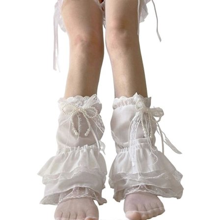 Japanska Lager På Lager Volang Spets Benvärmare för Kvinnor Utsvängda Benöverdrag med Pärlor Rosett Accent Prinsess Benärmar