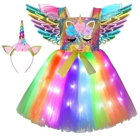 Enhjørning Kjole for Jenter, Enhjørning Kostymer LED-belyst TuTu-kjole med Pannebånd Regnbue - Perfekt Regnbue