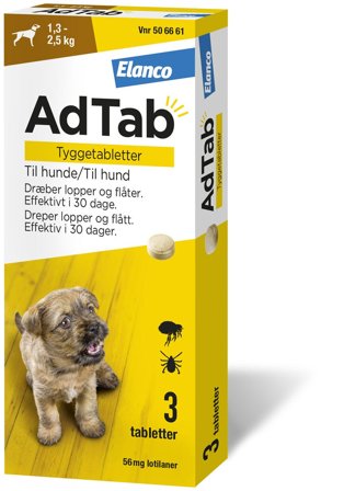 AdTab 56 mg tyggetabletter til hund (1,3-2,5 kg) 3 stk