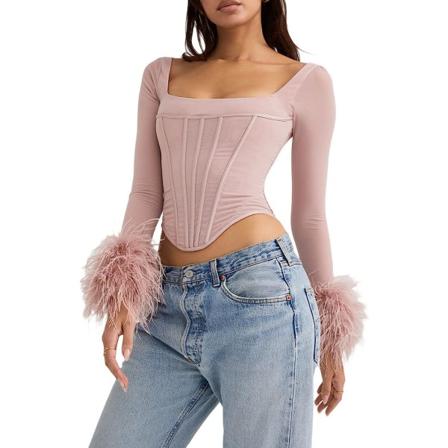 Kvinnors fjädertrimmade långärmade crop top med fyrkantig hals Pink M