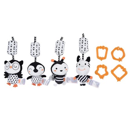 4 st hängande skallror svartvit tecknad söt djurformer nyfödd mjuk plyschleksaker för barnvagnar spjälsängar