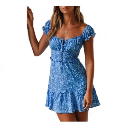 Kortermet kjole med volang med blomstertrykk