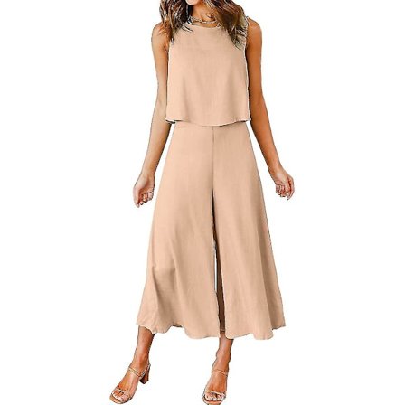 Roylamp Naisten Kesän 2-osainen Asu Pyöreäkauluksinen Lyhyt Perus Toppi Lyhennetyt Leveälahkeiset Housut Setti Haalarit