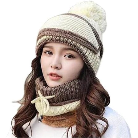 Dammössa Halsduk Stickad Pompom Mössa Vinter Varma Stickad Mössa H