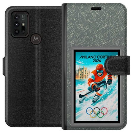 Yhteensopiva Lompakkokotelo Motorola Moto G30 Curlingkuvitus pelaajilla ja kivillä jäällä, Milano Cortina 2026, lumisia roiskeita ja olympiasormukset