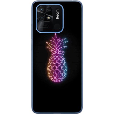 Kompatibelt Mobildeksel til Xiaomi Xiaomi Redmi 10C Neonlysillustrasjon av ananas i fargerikt lys mot svart bakgrunn