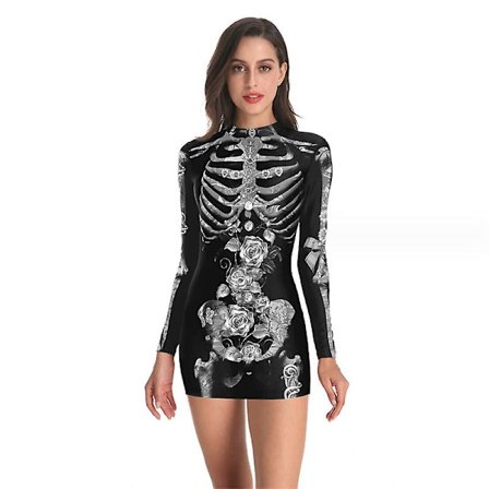 Kvinders Halloween-kostume Skeletkjole Langærmede Stretchy Kort Mini Kjole