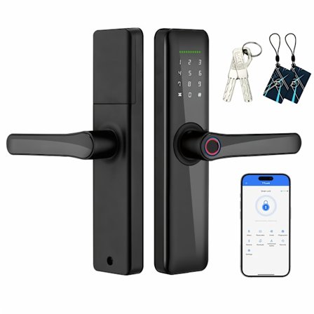 Smart Dørlås med Håndtag: Fingeraftryksfri Nøglefri Adgang, Digital Kode og Kortoplåsning, BLE Trådløs APP Kontrol, Drevet af 4 stk. AAA Alkaline 