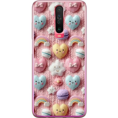 Kompatibelt Mobildeksel til Xiaomi Redmi K30 Pastellmotiv med hjerter, skyer, regnbuer og makroner mot rosa bakgrunn i en søt drømmende stil.