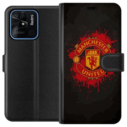 Kompatibelt Lommeboketui til Xiaomi Xiaomi Redmi 10C Manchester United logo i rød og gul farge med røff sportslig bakgrunn