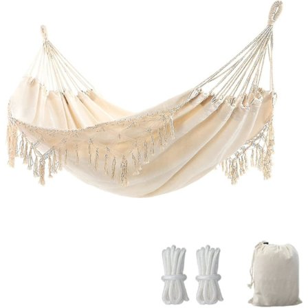 Puutarha-riippukeinu tyylikkäillä tupsuilla, 2 hengen makrame-riippukeinu sängyllä ja kantolaukulla terassille, pihalle, ulkona TINGQUANilta