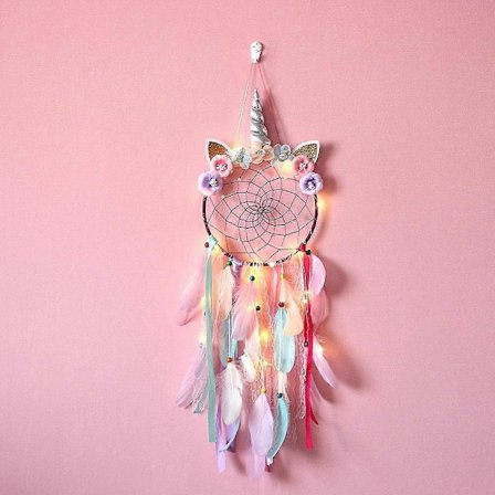 Lilla Fjer Enhjørning Drømmefanger med LED-lys til Børn Piger Fødselsdagsgaver, Baby Værelse Indretning Vægophæng Ornamenter Piger Drømmefanger