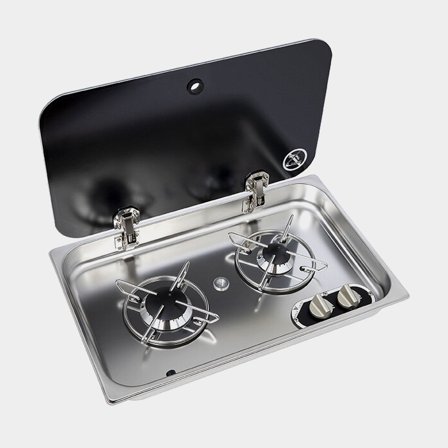 Cocina de gas / placa de cocción Navy Load, con tapa de vidrio, 2 fuegos, 530 x 326 mm