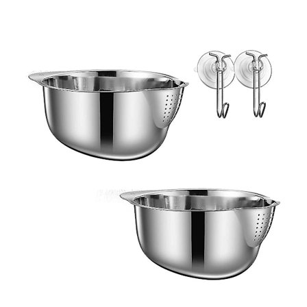 2-pack rostfritt stål ris skålar för att tvätta ris och grönsaker, sil för grönsaker, med krokar