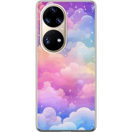 Kompatibelt Mobildeksel til Huawei P50 Pro Søt enhjørning med regnbuefarget hår mot en stjernebelagt pastellbakgrunn i kawaii-stil