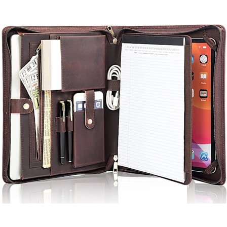 Personlig A4 Portfölj Läder A4 Portfölj med Dragkedja Anteckningsblockshållare Vikbar Organizer Mörkbrun Gåva för Män