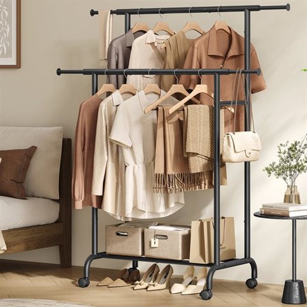 Klädställning 83–120 cm med hjul och utdragbara hängskenor - Svart