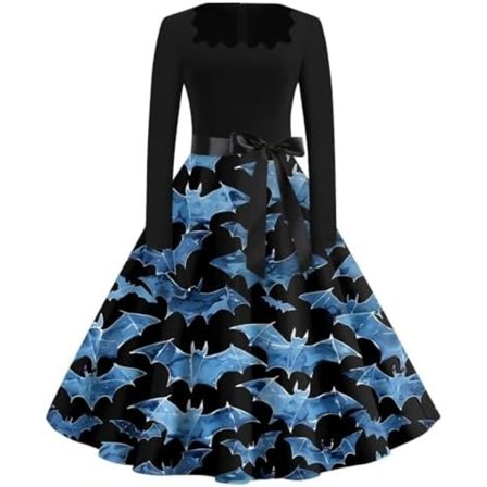 BTBDYDH Halloween Klänning Retro Långärmad V-ringad Klänning Utsvängd Vintage Hepburn Klänningar Pumpa Fladdermus Häxa Tryckt Cosplay Party Kostym 
