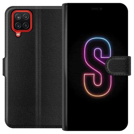 Kompatibel Tegnebogsetui til Samsung Samsung Galaxy A12 Neonbogstav S i lyserød og blå toner mod en mørk baggrund, stilfuld bogstavkunst med retro-