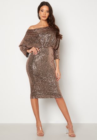 Goddiva Sequin Cowl Neck Midi Dress Champangne Klær