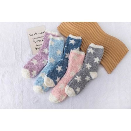 Rosa koralfleece-sokker til kvinder, fluffy plysstrømper, sømandssokker, crewstrømper, hjemmesokker, varme gaver, dametøfler stjerner