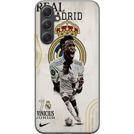 Yhteensopiva Puhelinkuori Samsung Galaxy A55 Real Madrid jalkapallojuliste Vinícius Júniorilla numerolla 7 paita edessä seuran logoa, energinen asento