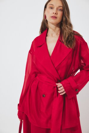 Pelin x NA-KD Blouse en organza avec ceinture - - Rouge - EU 44